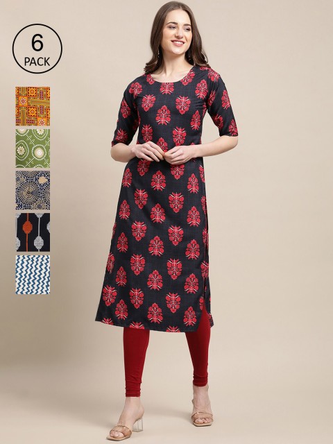 

1 Stop Fashion Women Pack of 6 Digital Printed Crepe Straight Kurtas, Red