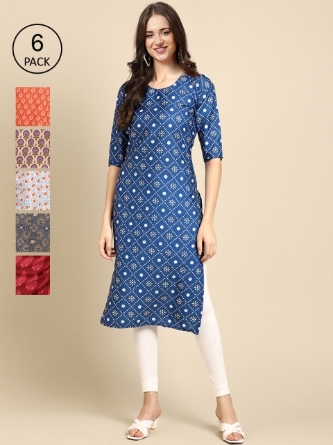 

1 Stop Fashion Women Pack of 6 Digital Printed Crepe Straight Kurtas, Blue