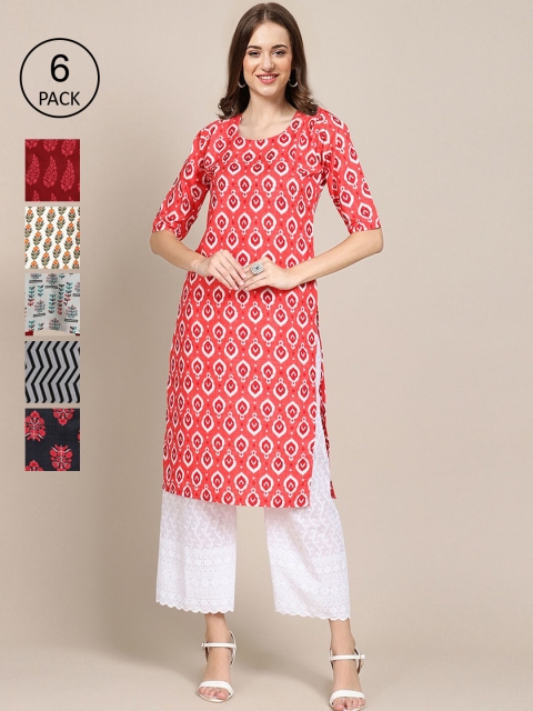 

1 Stop Fashion Women Pack of 6 Digital Printed Crepe Straight Kurtas, Red
