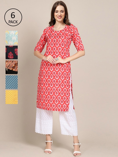

1 Stop Fashion Women Pack of 6 Digital Printed Crepe Straight Kurtas, Red
