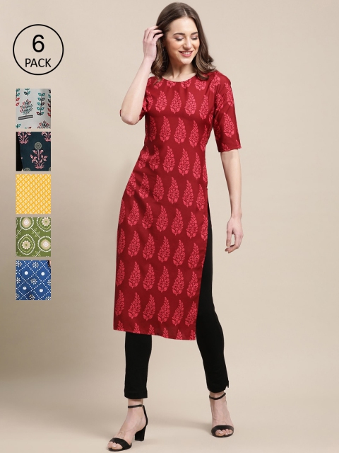 

1 Stop Fashion Women Pack of 6 Digital Printed Crepe Straight Kurtas, Red