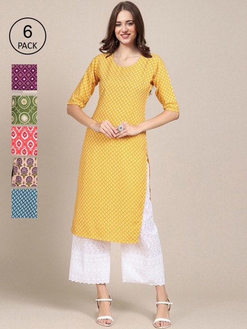 

1 Stop Fashion Women Pack of 6 Digital Printed Crepe Straight Kurtas, Yellow