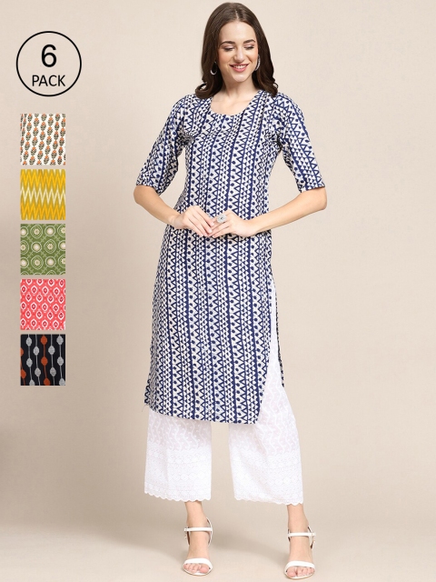 

1 Stop Fashion Women Pack of 6 Digital Printed Crepe Straight Kurtas, Blue