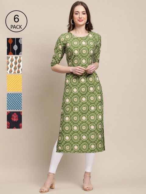 

1 Stop Fashion Women Pack of 6 Digital Printed Crepe Straight Kurtas, Green