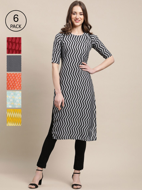

1 Stop Fashion Women Pack Of 6 Ethnic Motifs Crepe Kurta, Black