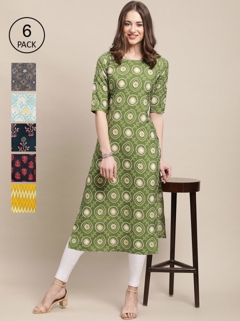 

1 Stop Fashion Women Pack of 6 Digital Printed Crepe Straight Kurtas, Green