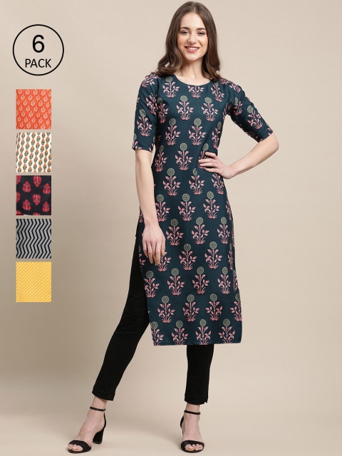 

1 Stop Fashion Women Pack of 6 Digital Printed Crepe Straight Kurtas, Orange