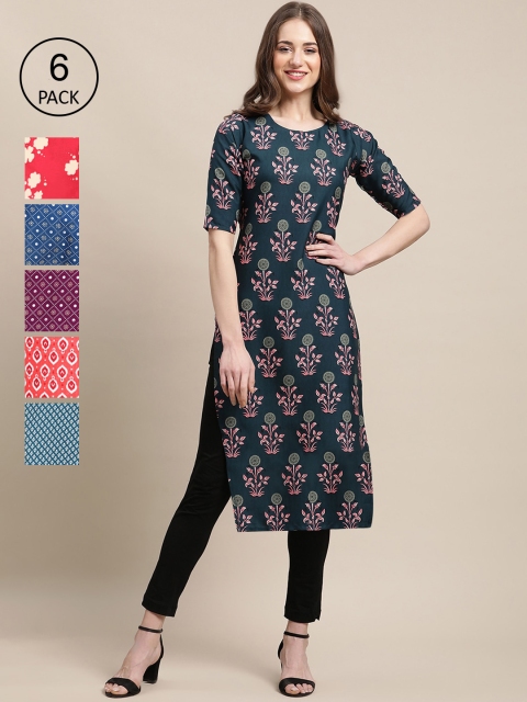 

1 Stop Fashion Women Pack of 6 Digital Printed Crepe Straight Kurtas, Red
