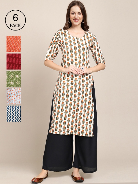 

1 Stop Fashion Women Pack of 6 Digital Printed Crepe Straight Kurtas, Orange