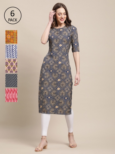 

1 Stop Fashion Women Pack of 6 Digital Printed Crepe Straight Kurtas, Yellow