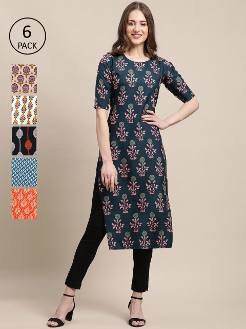 

1 Stop Fashion Women Set Of 6 Navy Blue & Orange Ethnic Motifs Printed Crepe Kurta