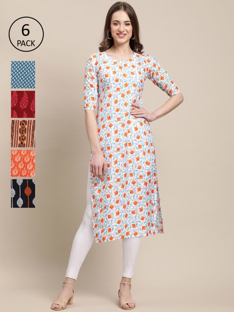 

1 Stop Fashion Women Pack of 6 White & Blue Geometric Printed Crepe Kurta