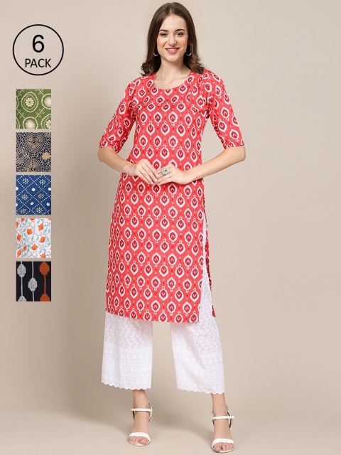 

1 Stop Fashion Women Pack Of 6 Floral Printed Crepe Kurtas, Red