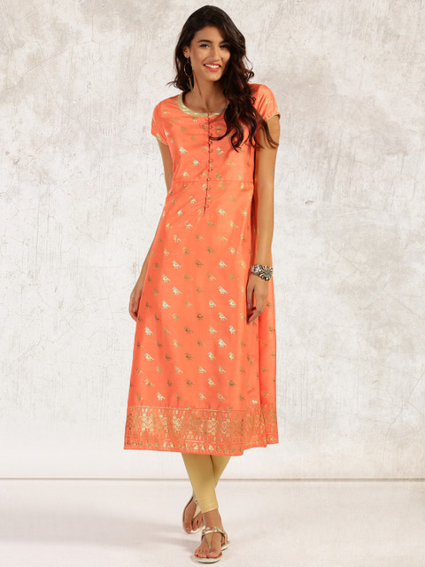 

Anouk Women Orange & Gold-Toned Birds Printed A-Line Kurta
