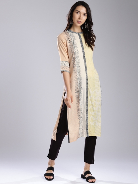 

W Women Peach-Coloured & Off-White Printed Straight Kurta