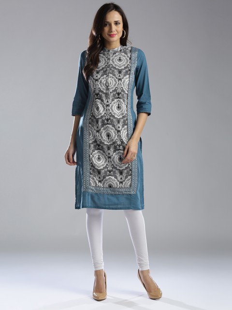 

W Women Blue & Grey Woven-Design Straight Kurta