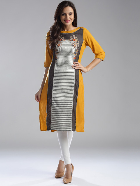 

W Women Mustard Yellow & Grey Striped Straight Kurta