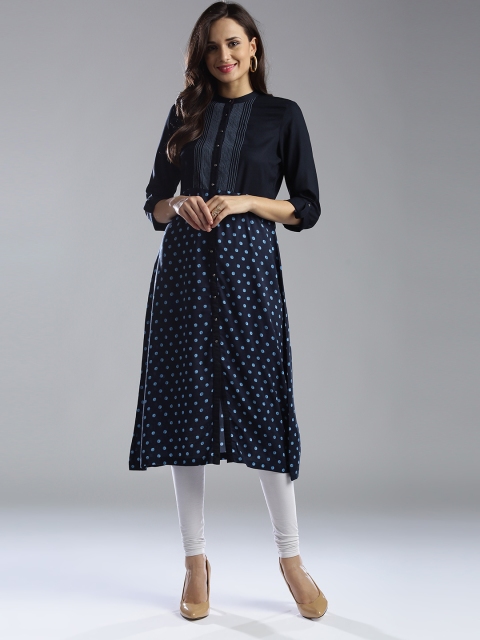 

W Women Navy Dyed A-Line Kurta, Navy blue