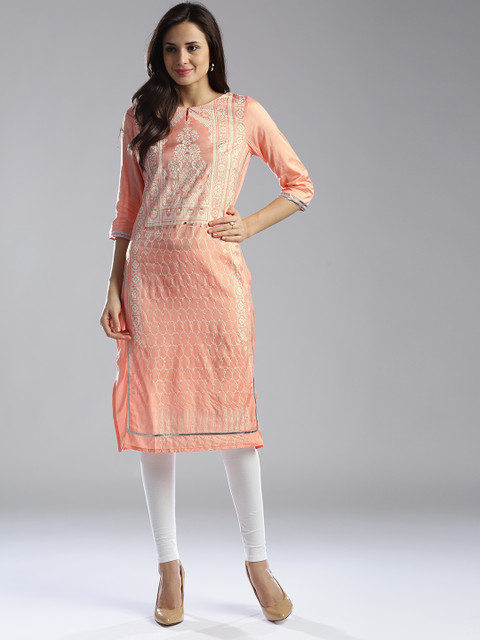 

W Women Peach-Coloured & Off-White Printed Straight Kurta
