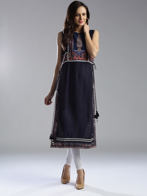 

W Women Navy Printed A-Line Kurta, Navy blue