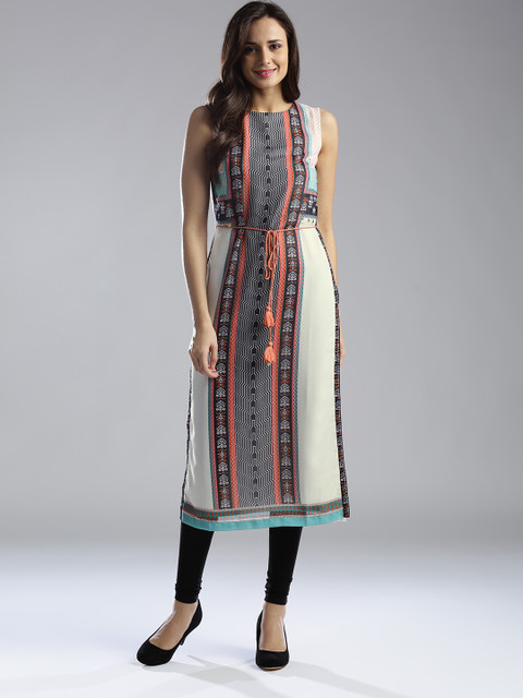 

W Women Off-White & Black Printed Straight Kurta