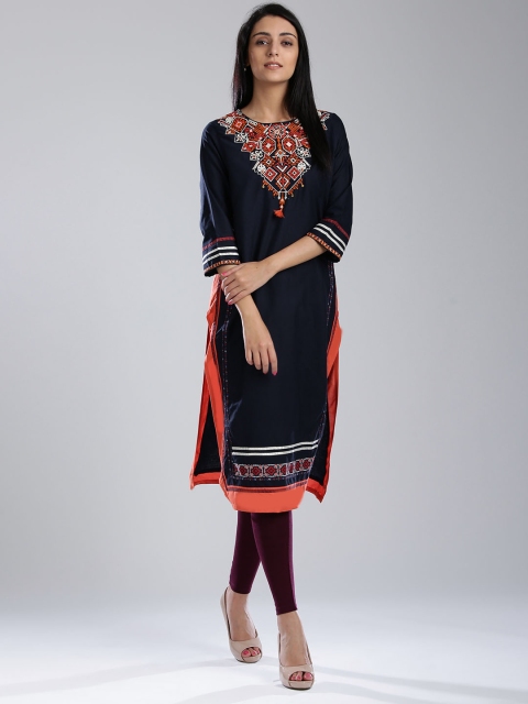 

W Women Navy Embroidered Straight Kurta, Navy blue
