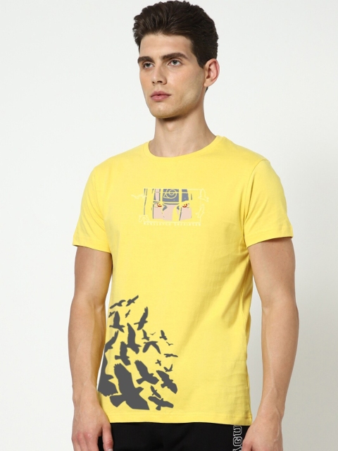 

Bewakoof Men Yellow Printed Round Neck Regular Fit Cotton T-shirt