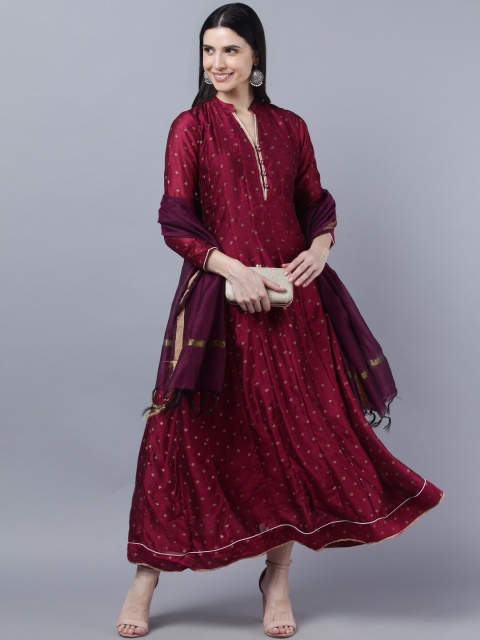 

Myshka Women Maroon Ethnic Motifs Printed Anarkali Kurta With Dupatta