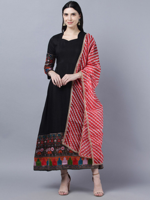 

Myshka Women Black & Red Ethnic Motif Embroidered Detail Anarkali Kurta With Dupatta