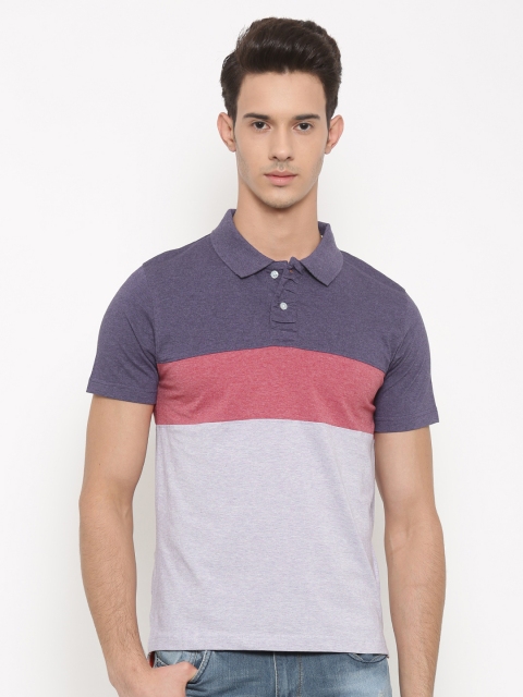 

American Crew Men Purple Colourblocked Polo Pure Cotton T-shirt
