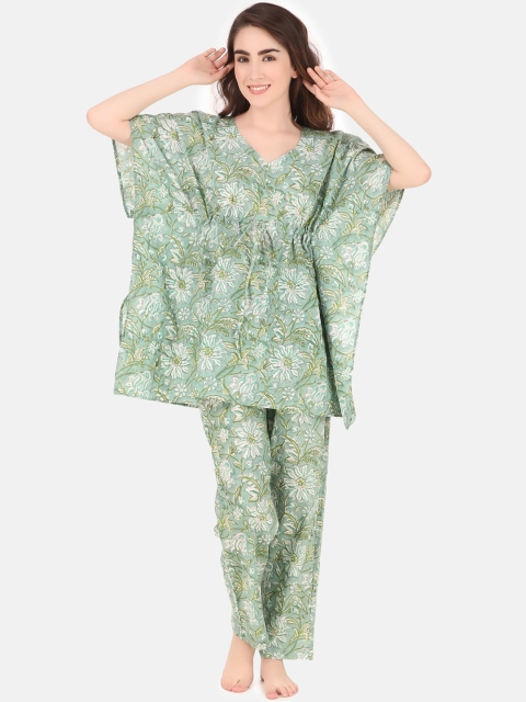 

Masha Women Printed Kaftan Pure Cotton Night suit, Green
