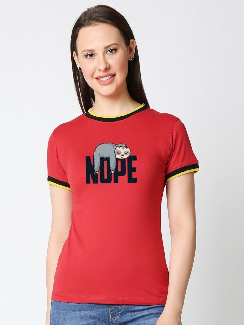 

Bewakoof Women Red Slim Fit Cotton Nope Lazy Printed T-shirt