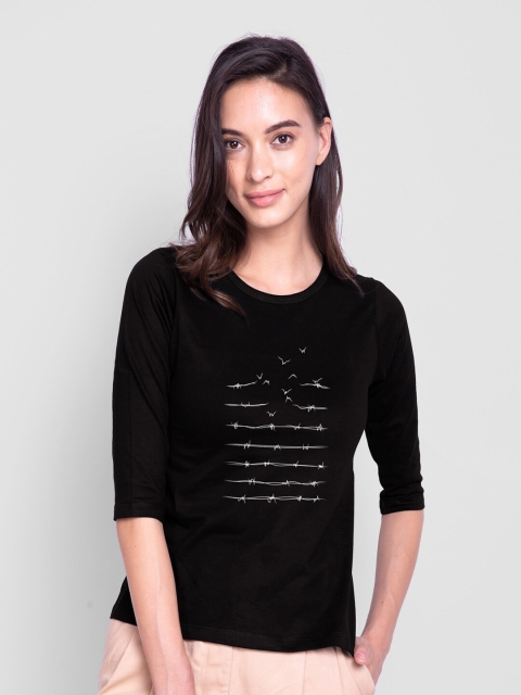 

Bewakoof Women Black Printed Round Neck Slim Fit Cotton T-shirt