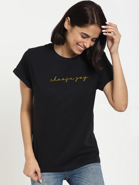 

Bewakoof Women Black Typography Extended Sleeves Boyfriend Fit Cotton T-shirt