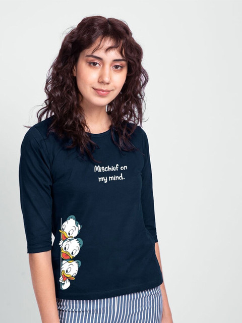 

Bewakoof Women Blue Typography Drop-Shoulder Sleeves T-shirt