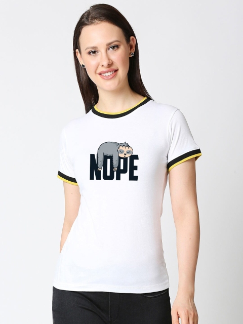 

Bewakoof Women White Typography V-Neck Slim Fit T-shirt