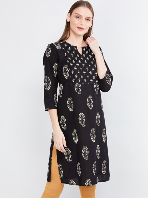 

max Women Black & Yellow Paisley Printed Pure Cotton Kurta