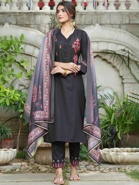 

Juniper Women Black Floral Embroidered Kurta with Trousers & With Dupatta
