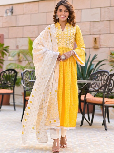 

Juniper Women Yellow Embroidered Sequinned Pure Cotton Kurta with Trousers & With Dupatta
