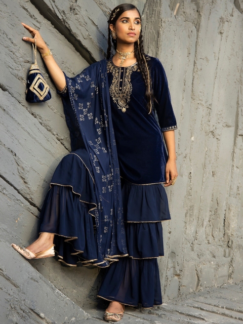 

Juniper Women Blue Embroidered Velvet Kurta with Sharara & With Dupatta