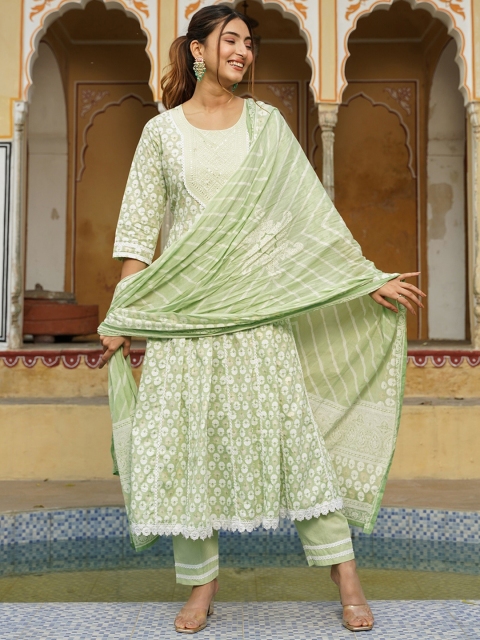 

Juniper Women Green Floral Embroidered Sequinned Pure Cotton Kurta with Trousers & With Dupatta