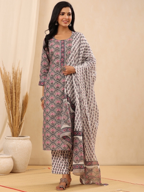 

Juniper Women Grey Printed Gotta Patti Pure Cotton Kurta with Trousers & With Dupatta