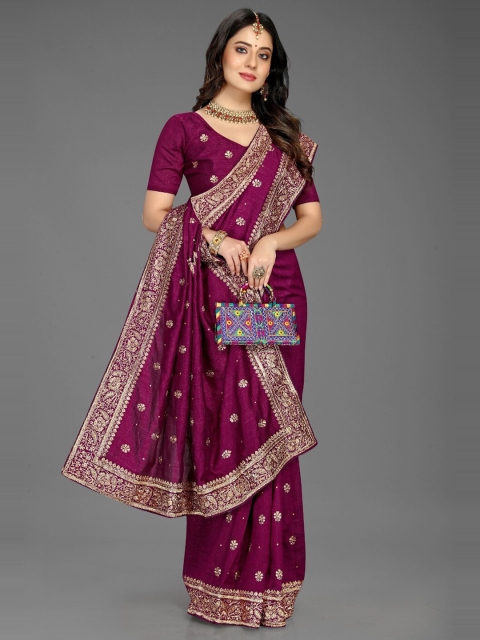 

Lady Style Purple & Gold-Toned Floral Beads and Stones Silk Blend Mysore Silk Saree