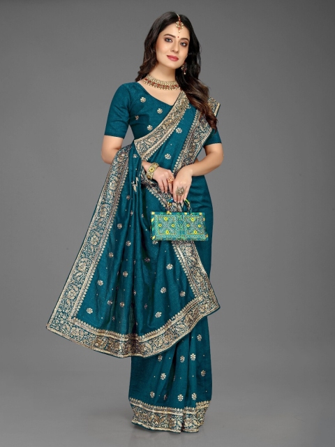 

Lady Style Teal & Gold-Toned Floral Beads and Stones Silk Blend Mysore Silk Saree