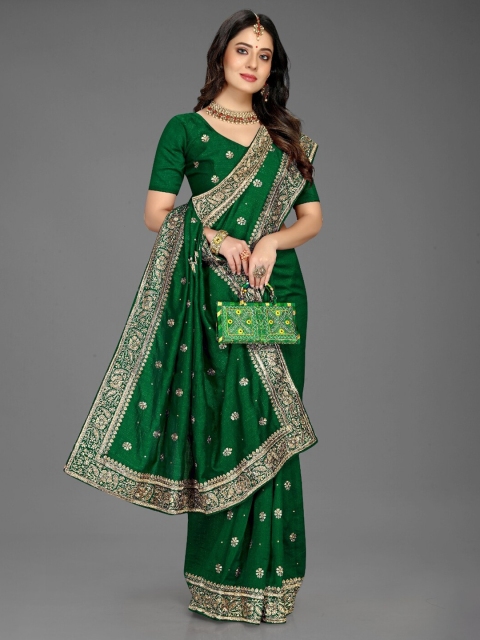 

Lady Style Green & Gold-Toned Paisley Beads and Stones Silk Blend Mysore Silk Saree