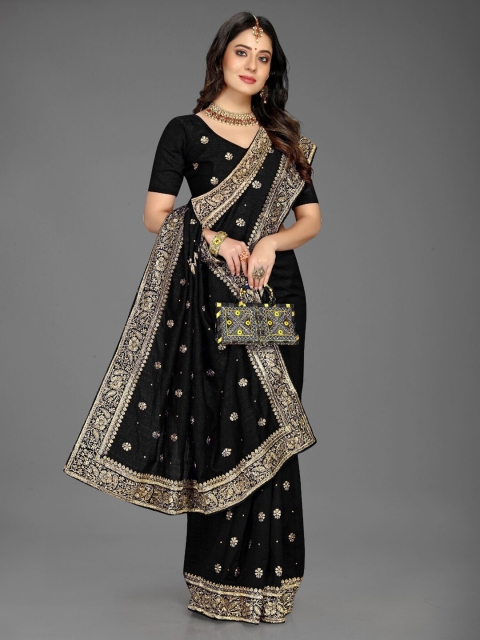 

Lady Style Black & Gold-Toned Floral Beads and Stones Silk Blend Mysore Silk Saree