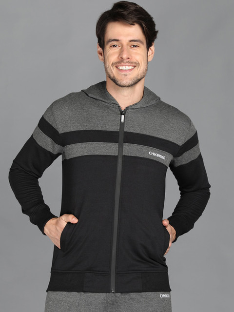 

CHKOKKO Men Black Grey Striped Open Front Jacket