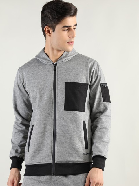 

CHKOKKO Men Grey Black Bomber Jacket