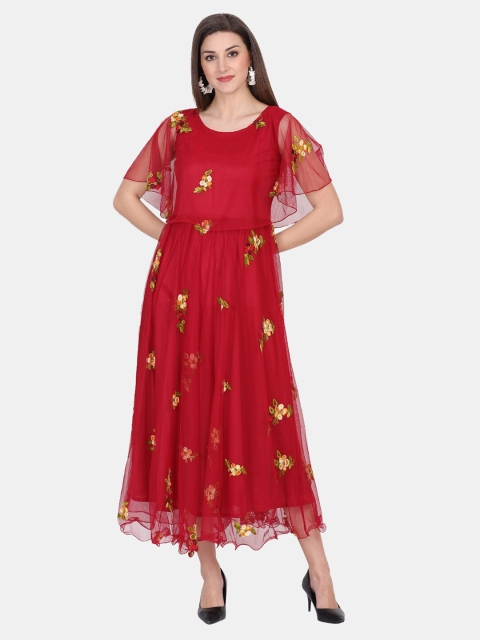 

IQRA FASHION Maroon Floral Net Formal Maxi Dress