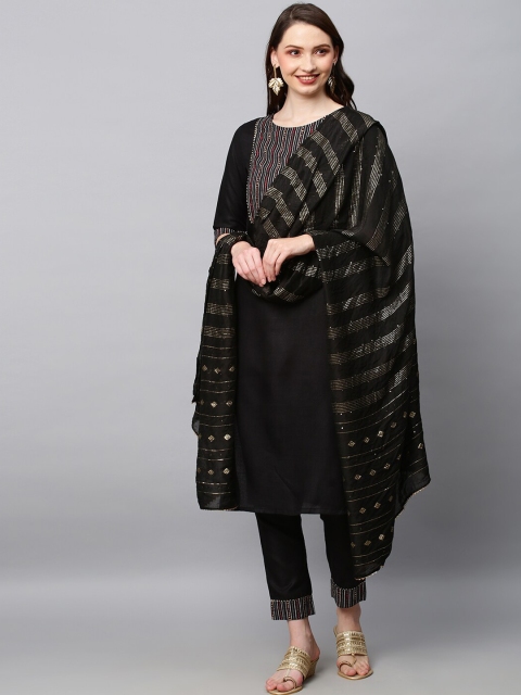 

POONAM DESIGNER Women Black Ethnic Motifs Yoke Design Pure Cotton Kurta with Trousers & With Dupatta